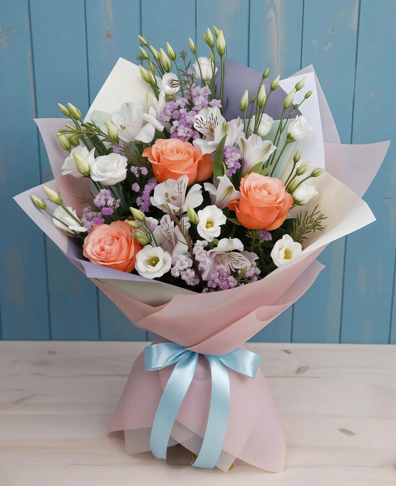 Букет цветов из: Лизиантусы, Розы, Альстромерии и Гипсофила в Глаголево